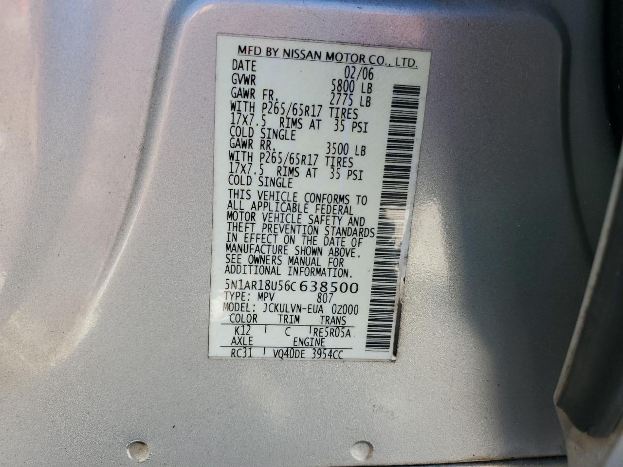 2006 Nissan Pathfinder Le VIN: 5N1AR18U56C638500 Lot: 77826334