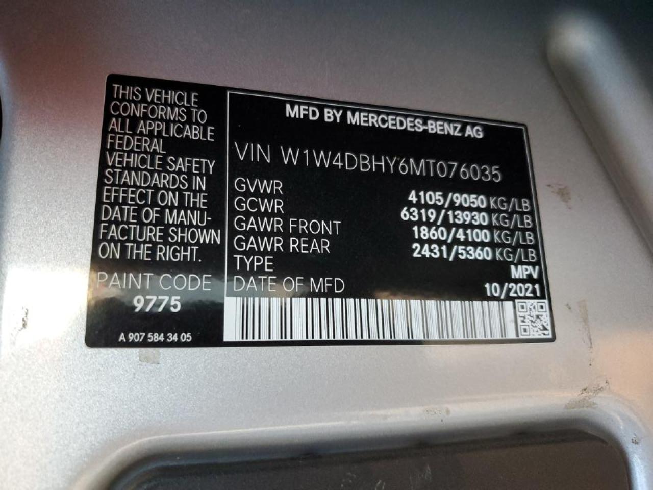 2021 Mercedes-Benz Sprinter 2500 VIN: W1W4DBHY6MT076035 Lot: 72623184