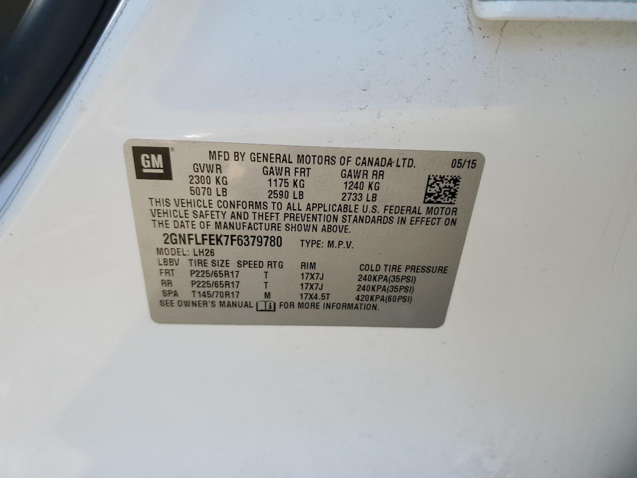 2GNFLFEK7F6379780 2015 Chevrolet Equinox Lt