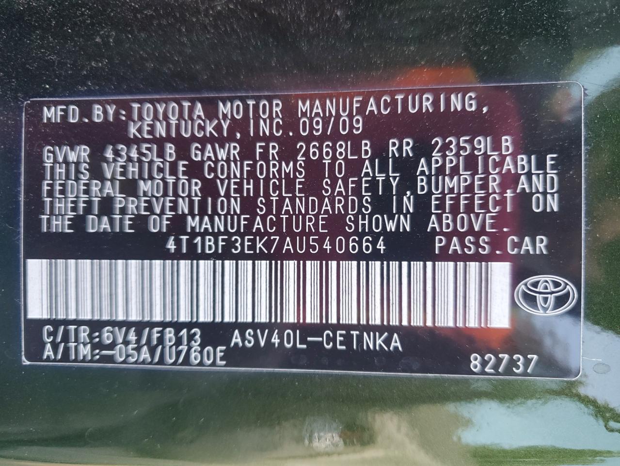 2010 Toyota Camry Base VIN: 4T1BF3EK7AU540664 Lot: 75342924