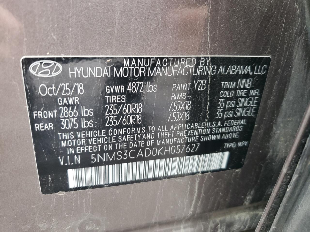 2019 Hyundai Santa Fe Sel VIN: 5NMS3CAD0KH057627 Lot: 74267874