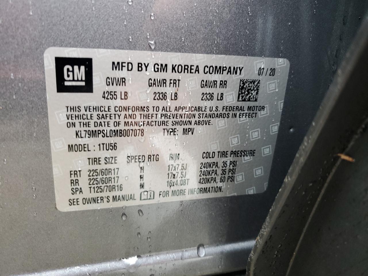 KL79MPSL0MB007078 2021 Chevrolet Trailblazer Lt