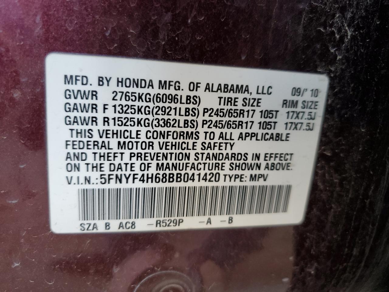 5FNYF4H68BB041420 2011 Honda Pilot Exl