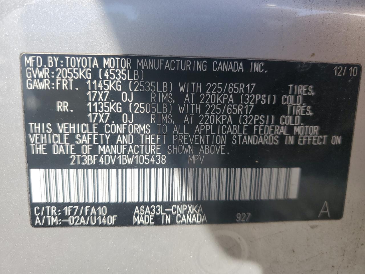 2T3BF4DV1BW105438 2011 Toyota Rav4