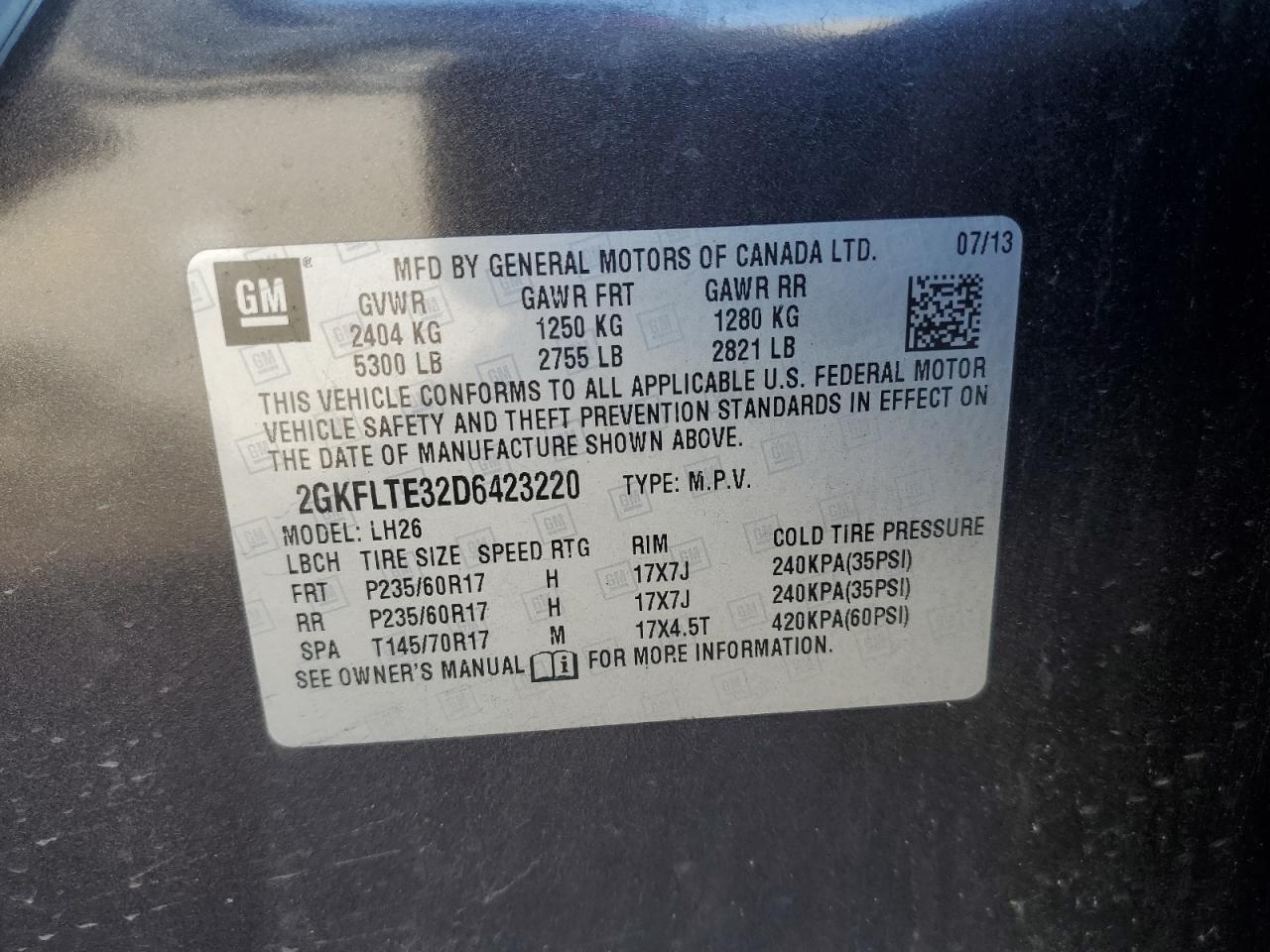 2013 GMC Terrain Sle VIN: 2GKFLTE32D6423220 Lot: 77629244