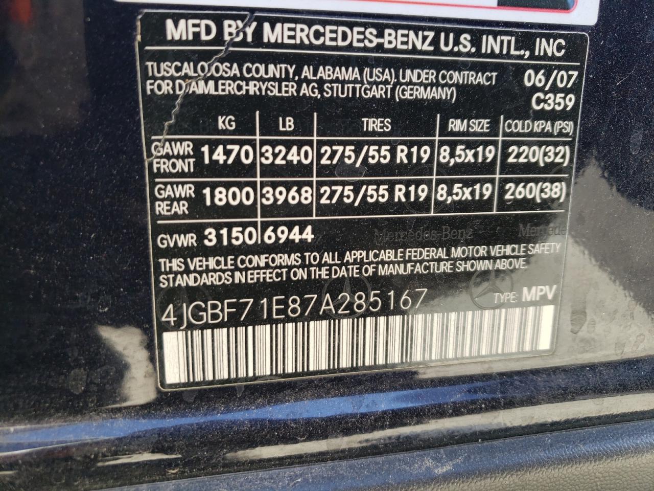 2007 Mercedes-Benz Gl 450 4Matic VIN: 4JGBF71E87A285167 Lot: 77278034