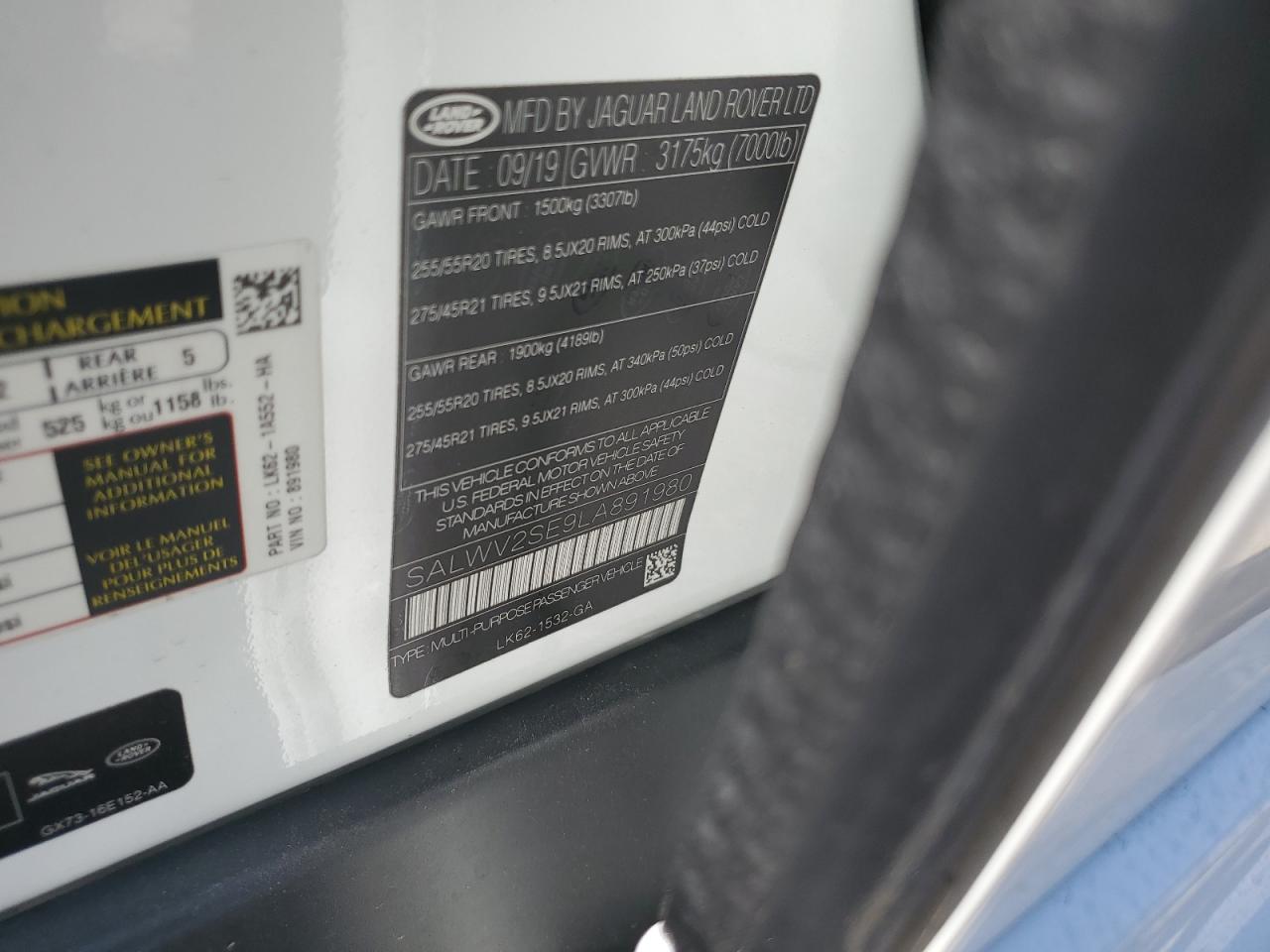 2020 Land Rover Range Rover Sport P525 Autobiography VIN: SALWV2SE9LA891980 Lot: 74575404