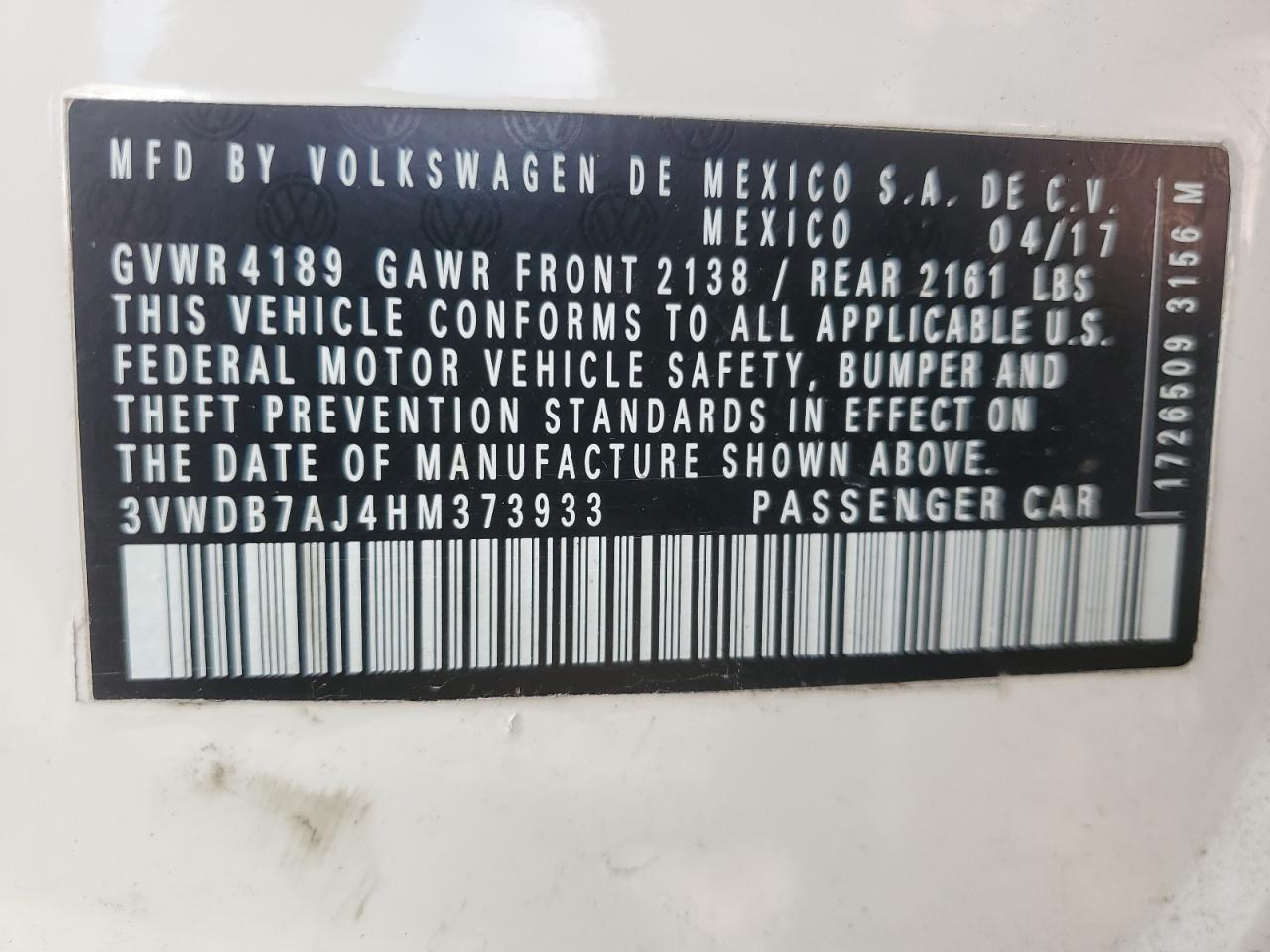 2017 Volkswagen Jetta Se VIN: 3VWDB7AJ4HM373933 Lot: 74499994