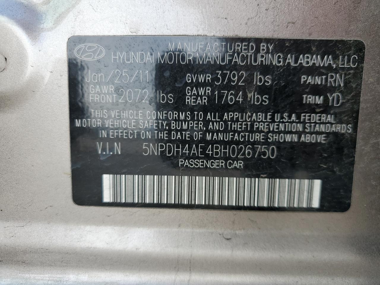 5NPDH4AE4BH026750 2011 Hyundai Elantra Gls