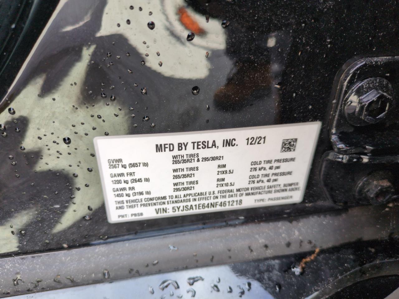 5YJSA1E64NF461218 2022 Tesla Model S