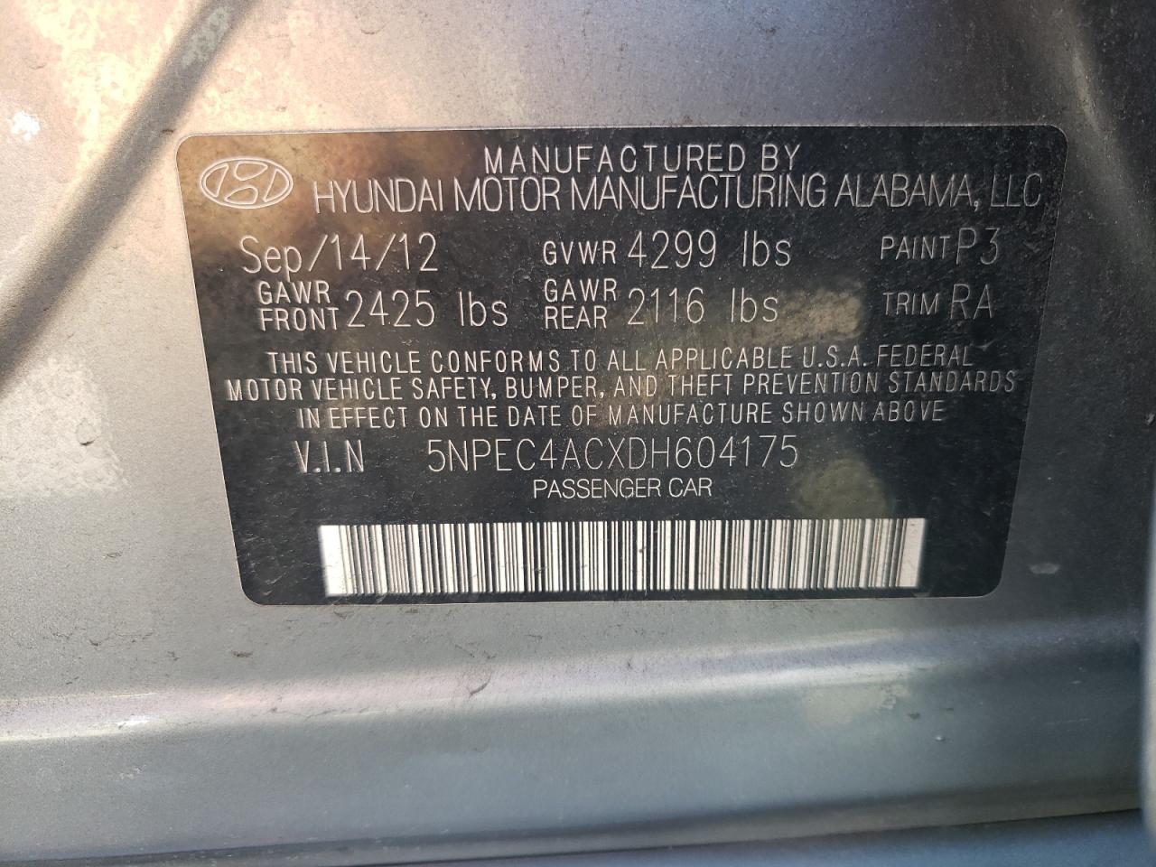 5NPEC4ACXDH604175 2013 Hyundai Sonata Se