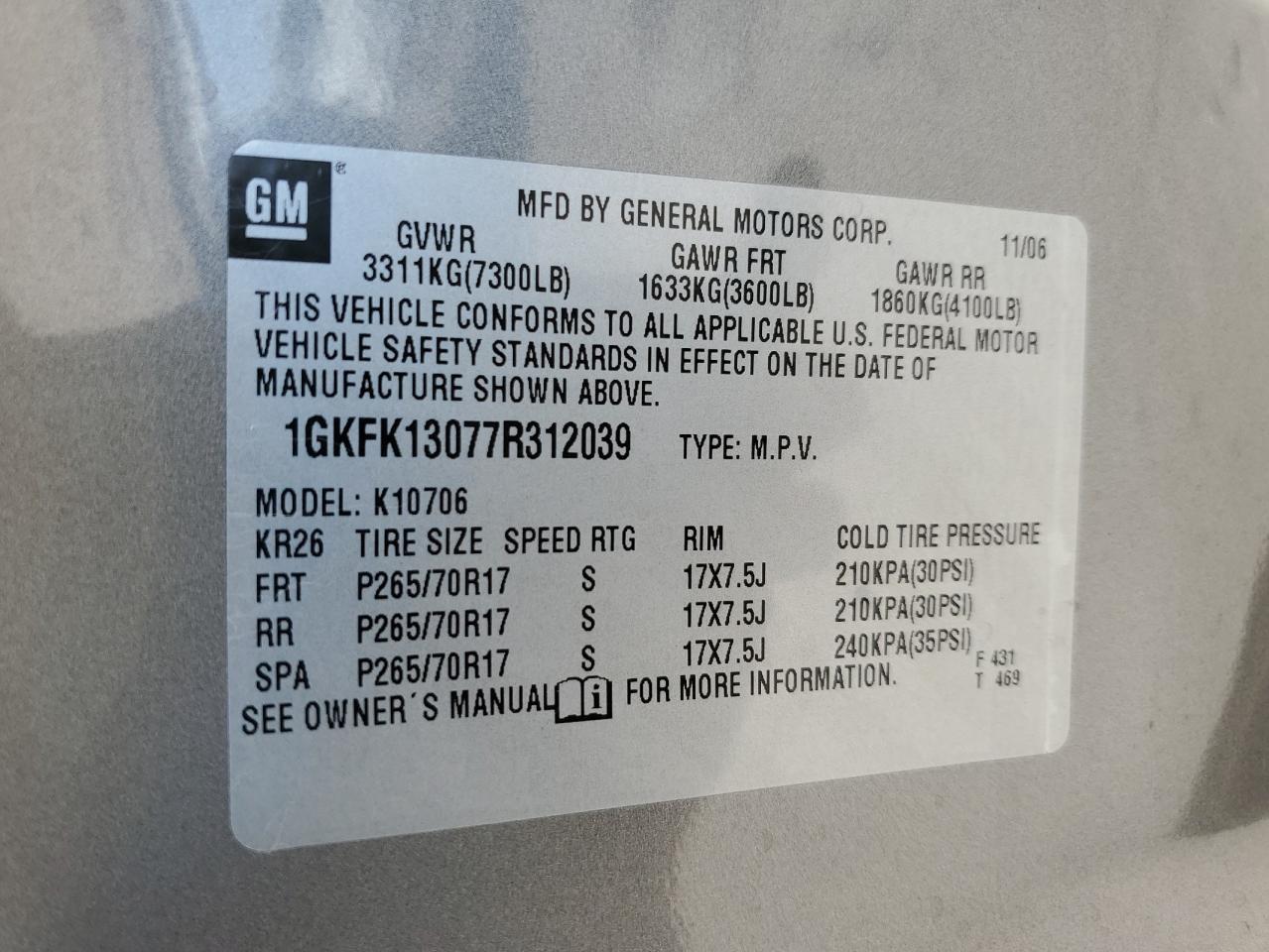 1GKFK13077R312039 2007 GMC Yukon