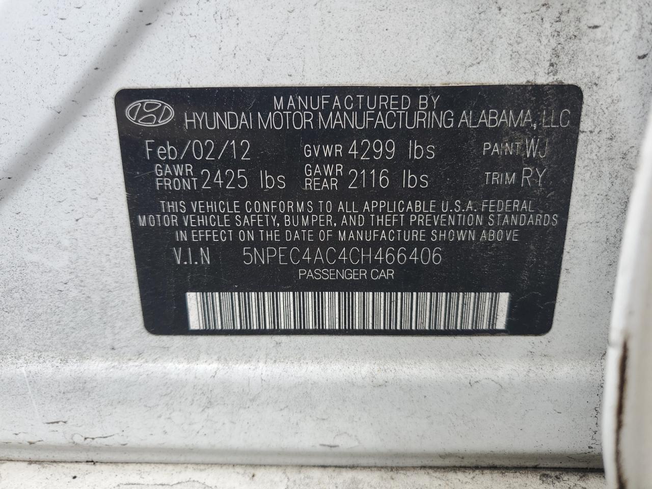 5NPEC4AC4CH466406 2012 Hyundai Sonata Se