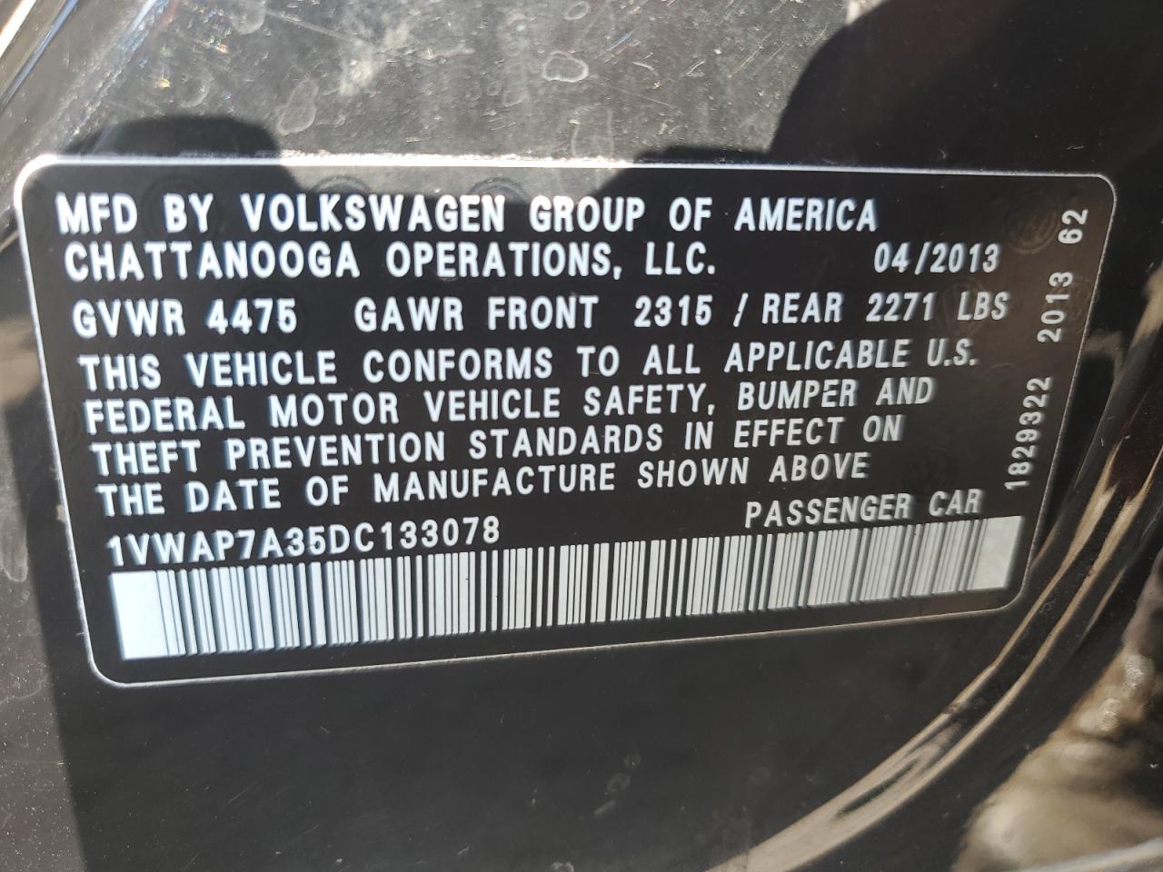 1VWAP7A35DC133078 2013 Volkswagen Passat S