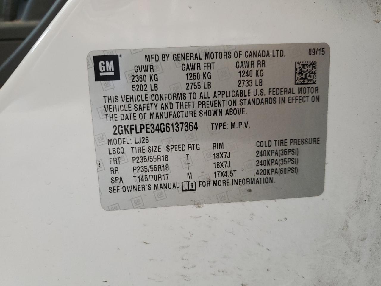 2GKFLPE34G6137364 2016 GMC Terrain Slt