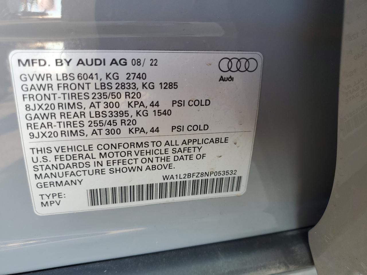 2022 Audi Q4 E-Tron Premium Plus S-Line VIN: WA1L2BFZ8NP053532 Lot: 71484704