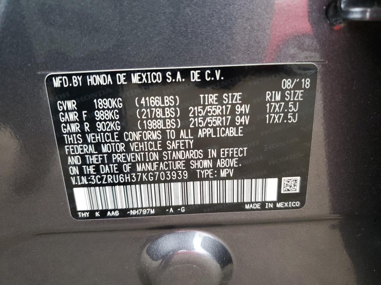 3CZRU6H37KG703939 2019 Honda Hr-V Lx