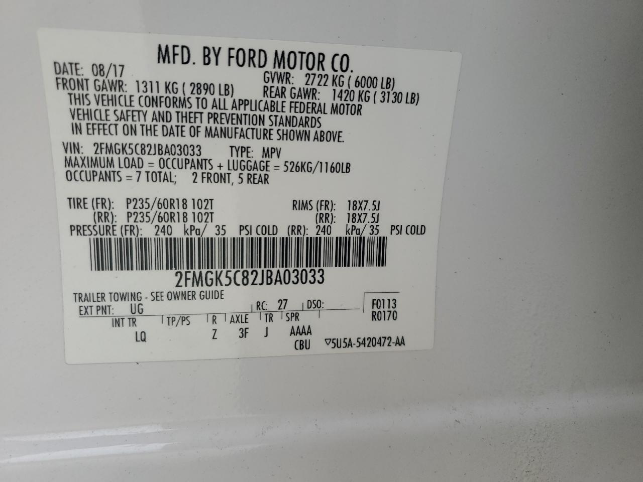 2FMGK5C82JBA03033 2018 Ford Flex Sel