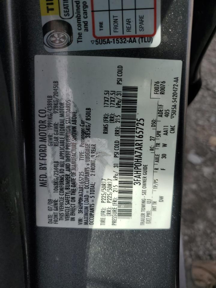 2010 Ford Fusion Se VIN: 3FAHP0HA7AR165725 Lot: 75113024