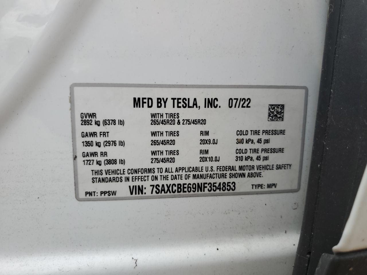 2022 Tesla Model X VIN: 7SAXCBE69NF354853 Lot: 74124934