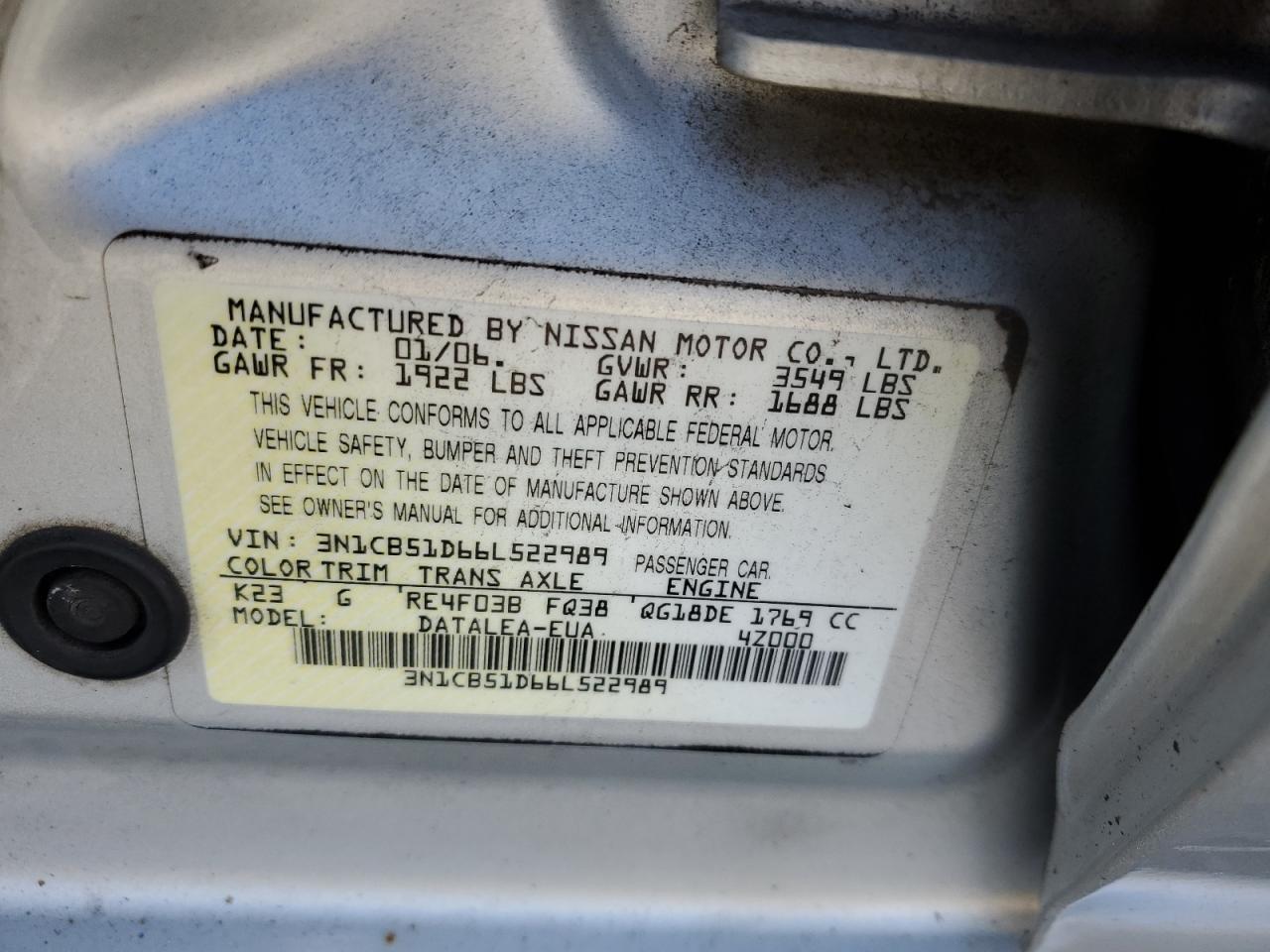 3N1CB51D66L522989 2006 Nissan Sentra 1.8