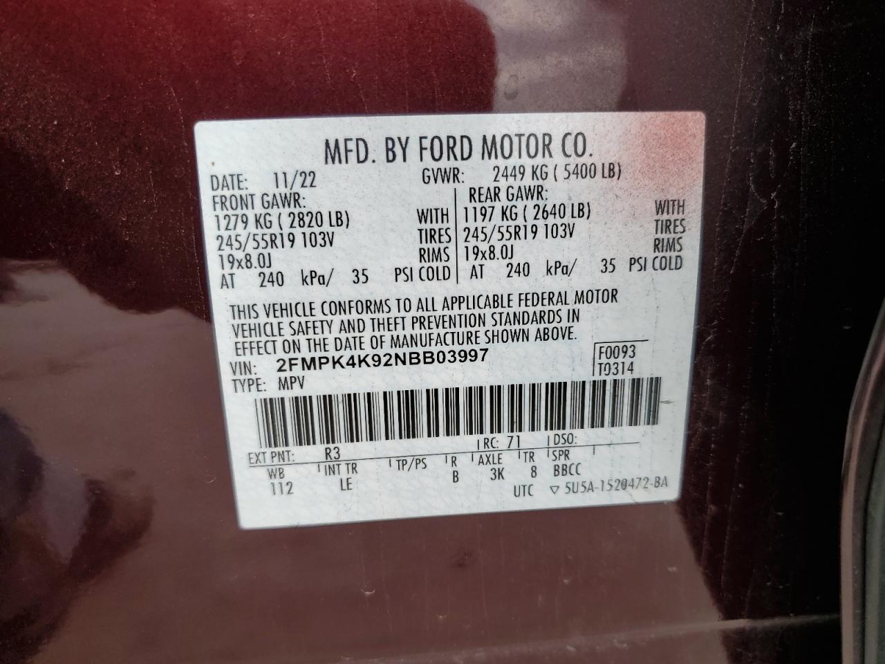 2FMPK4K92NBB03997 2022 Ford Edge Titanium