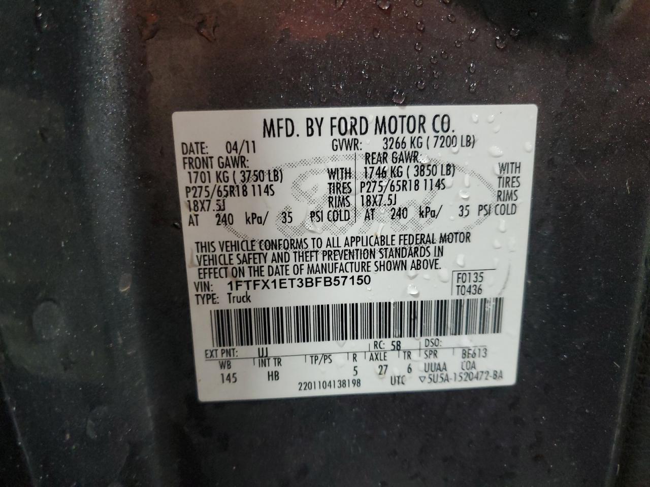 1FTFX1ET3BFB57150 2011 Ford F150 Super Cab