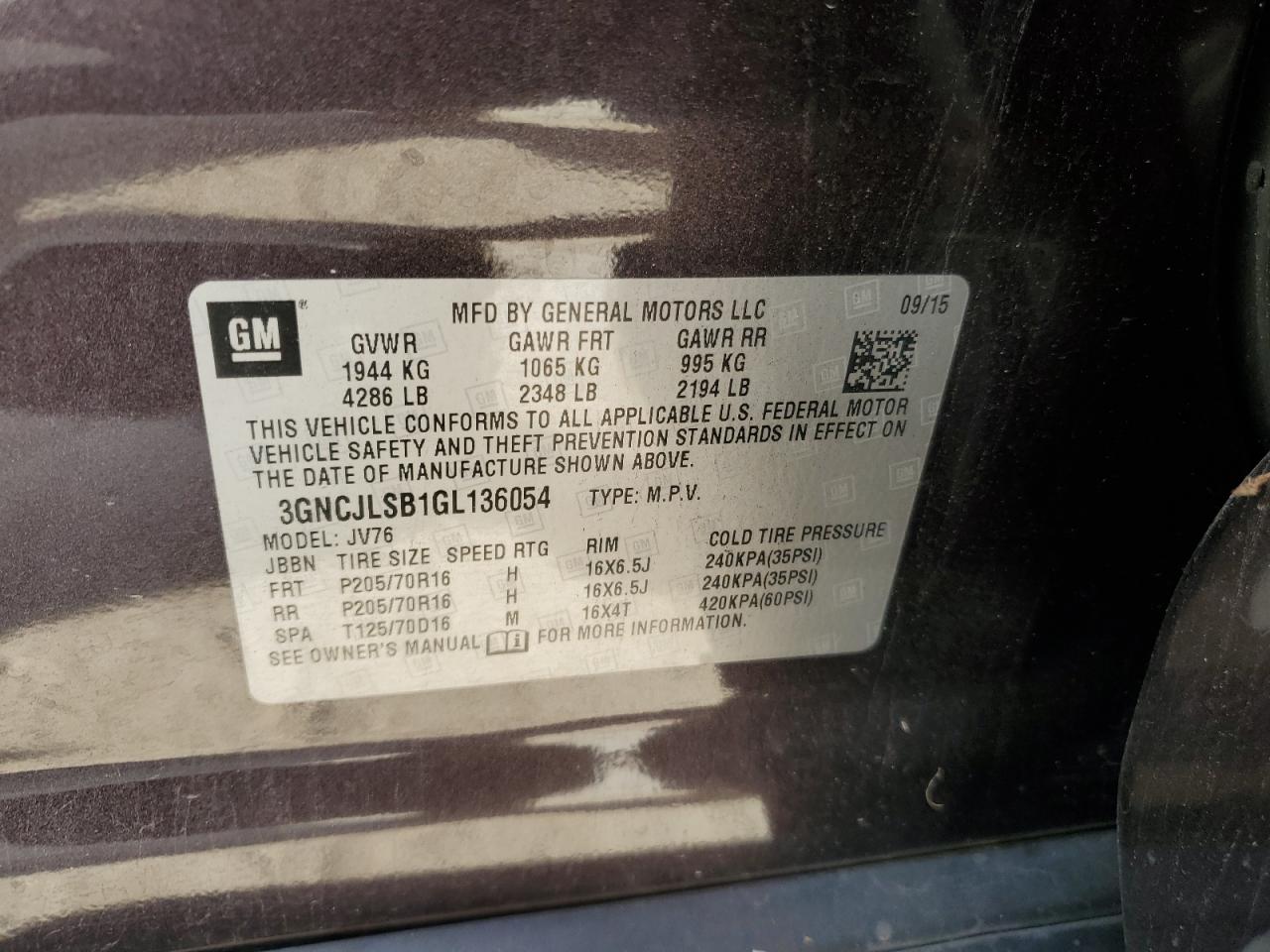 2016 Chevrolet Trax 1Lt VIN: 3GNCJLSB1GL136054 Lot: 76550464