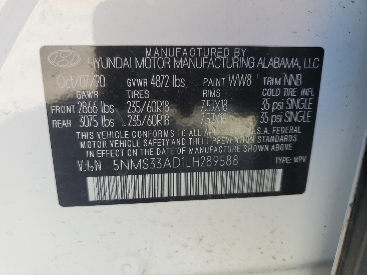 5NMS33AD1LH289588 2020 Hyundai Santa Fe Sel