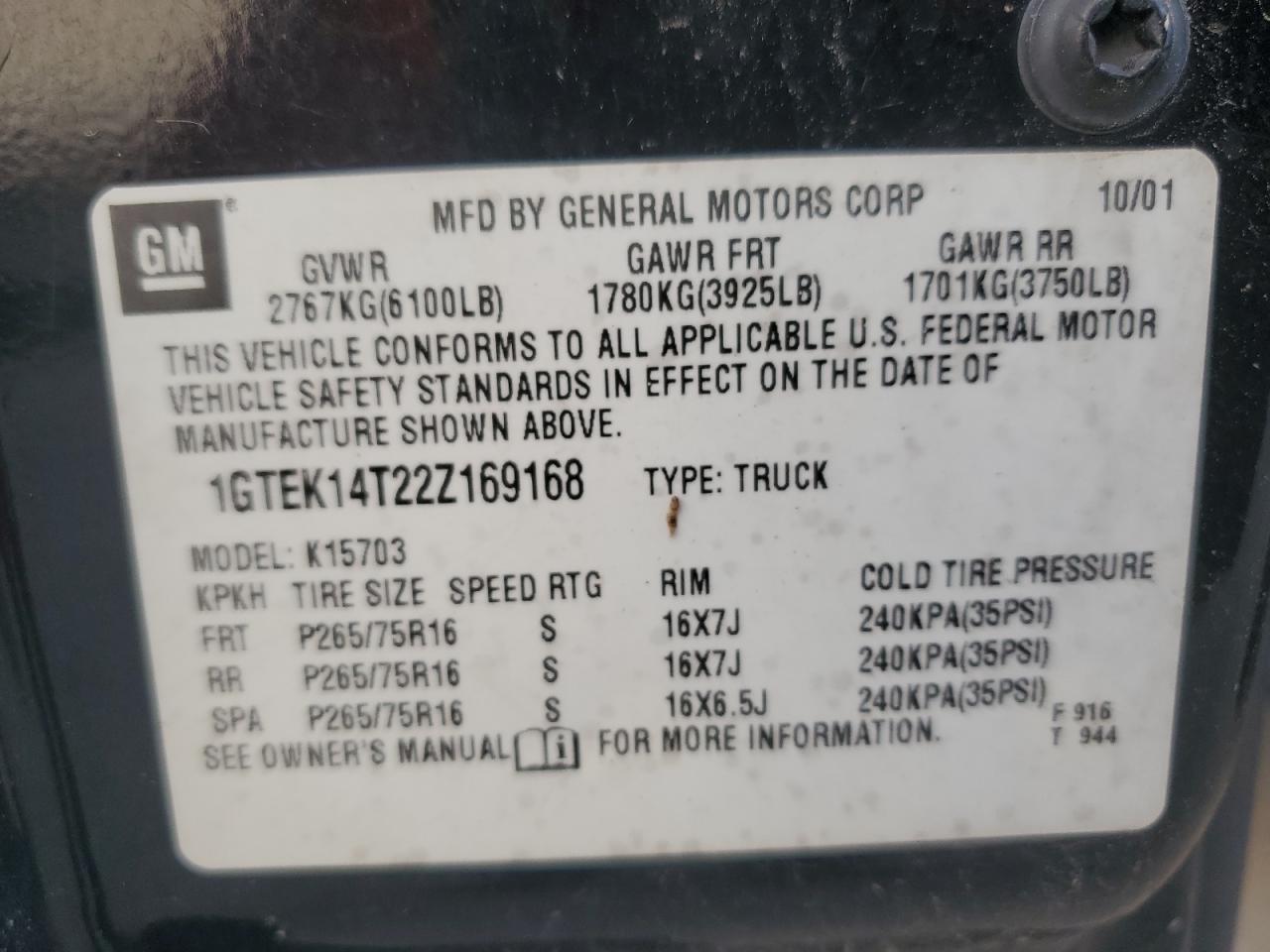 1GTEK14T22Z169168 2002 GMC New Sierra K1500