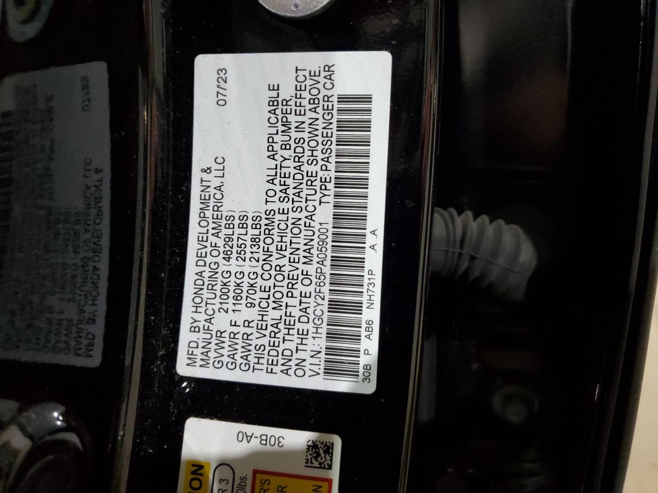 1HGCY2F65PA059001 2023 Honda Accord Hybrid Exl