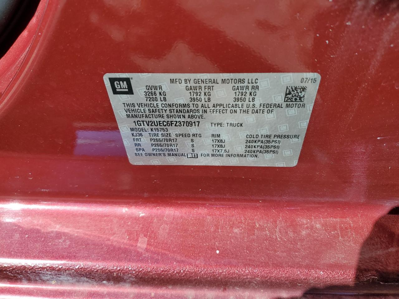 1GTV2UEC6FZ370917 2015 GMC Sierra K1500 Sle