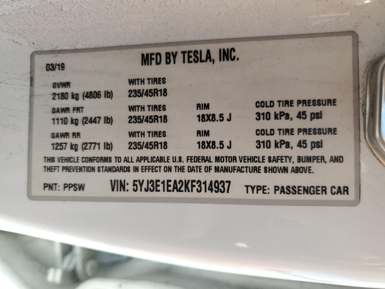 5YJ3E1EA2KF314937 2019 Tesla Model 3