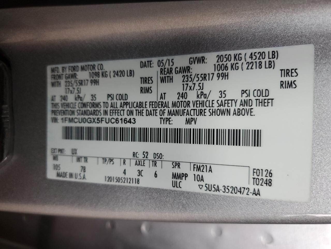 1FMCU0GX5FUC61643 2015 Ford Escape Se