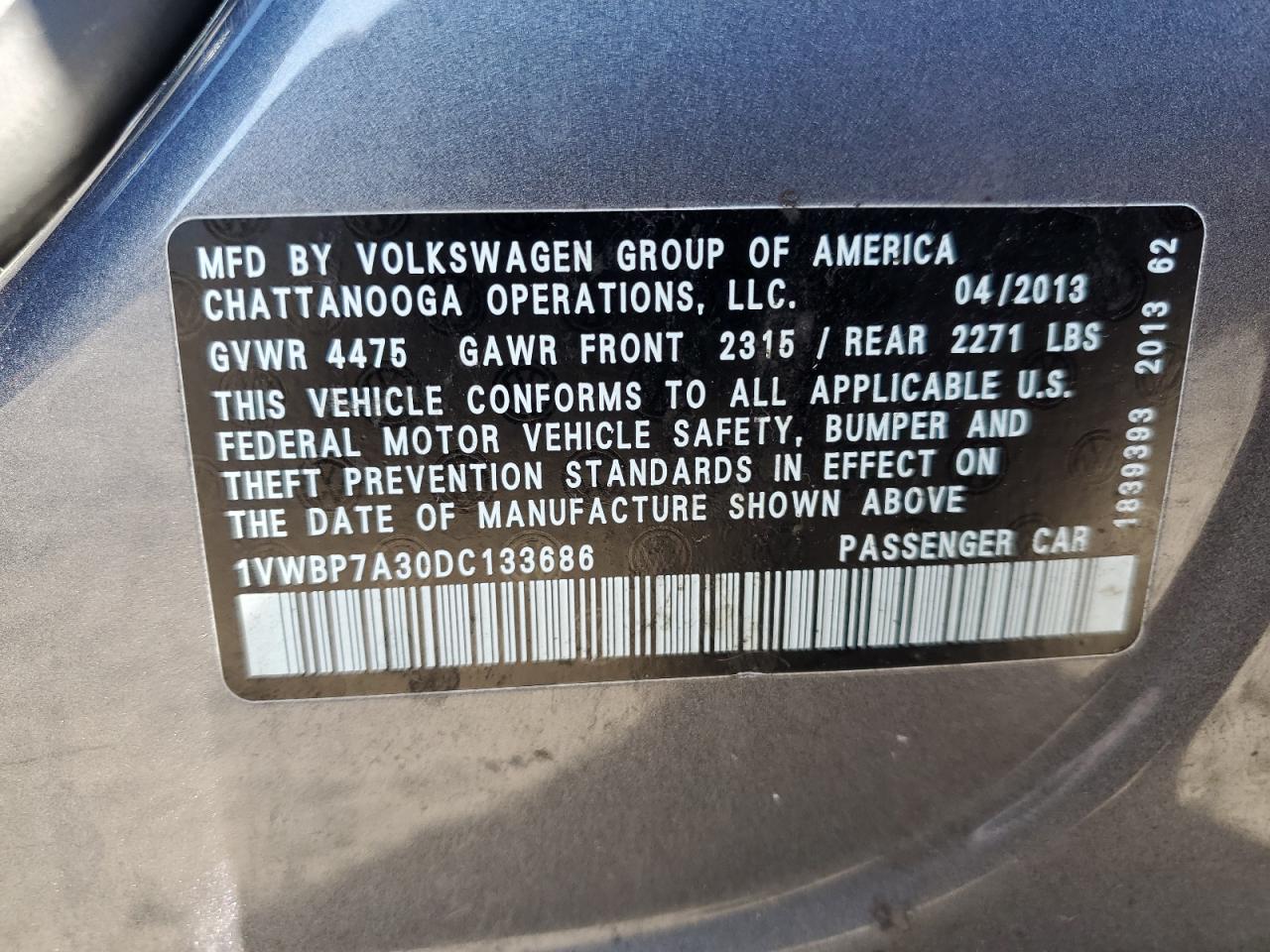 2013 Volkswagen Passat Se VIN: 1VWBP7A30DC133686 Lot: 76517054