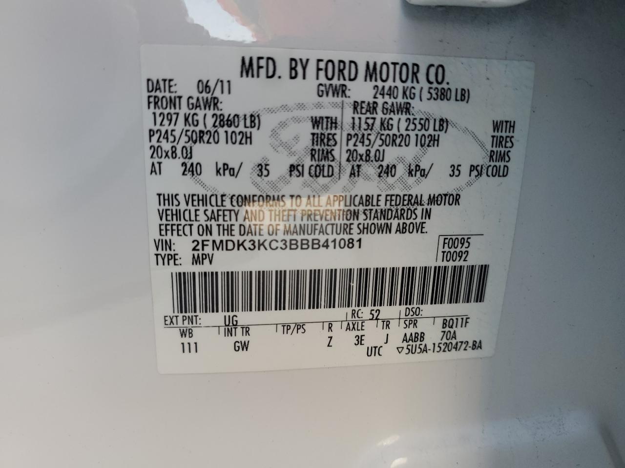 2011 Ford Edge Limited VIN: 2FMDK3KC3BBB41081 Lot: 75052374