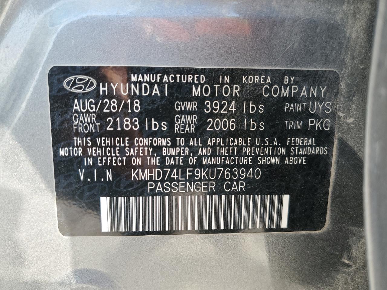 KMHD74LF9KU763940 2019 Hyundai Elantra Se