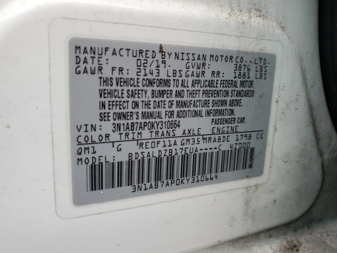 3N1AB7AP0KY310664 2019 Nissan Sentra S