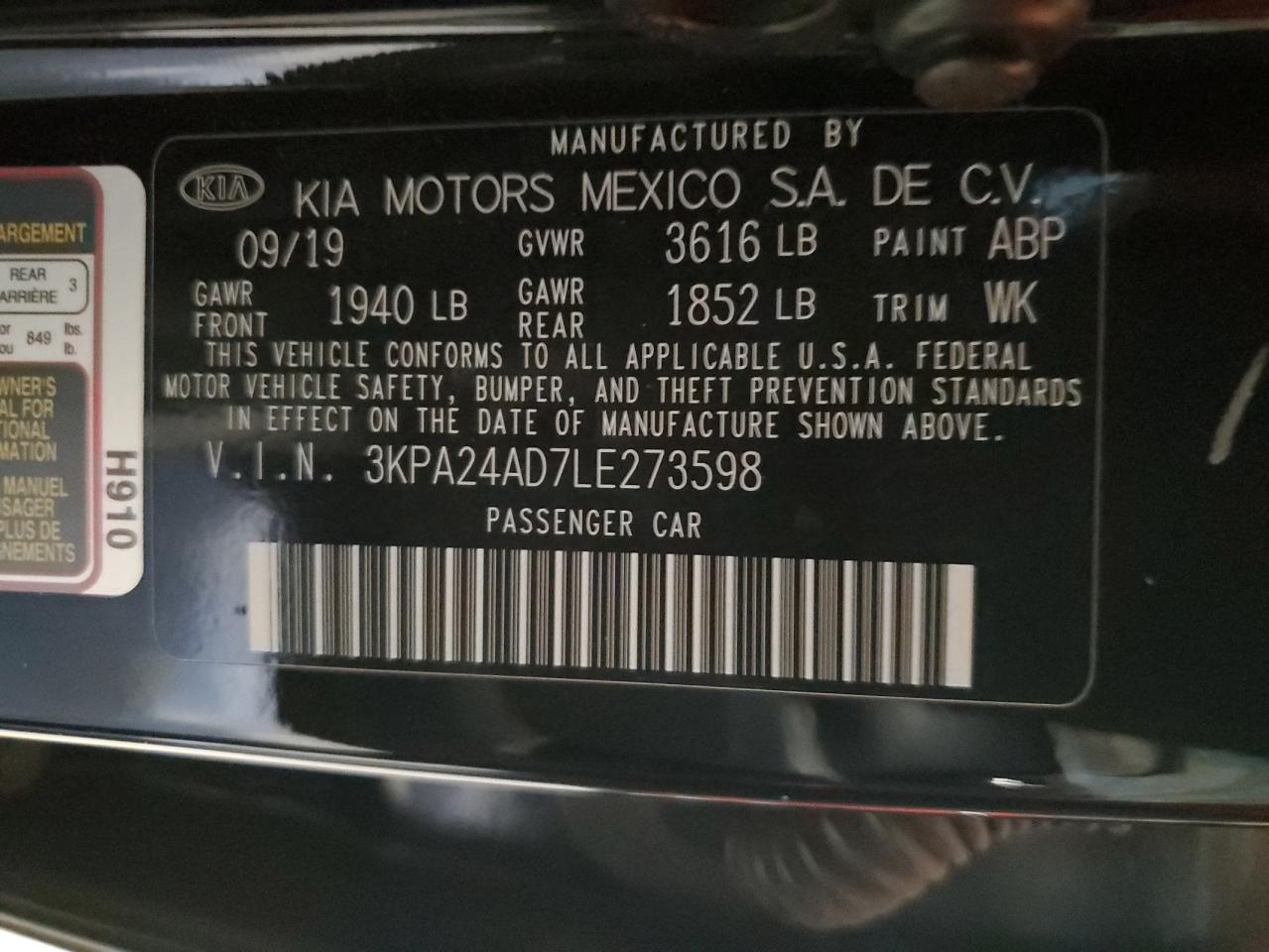 3KPA24AD7LE273598 2020 Kia Rio Lx