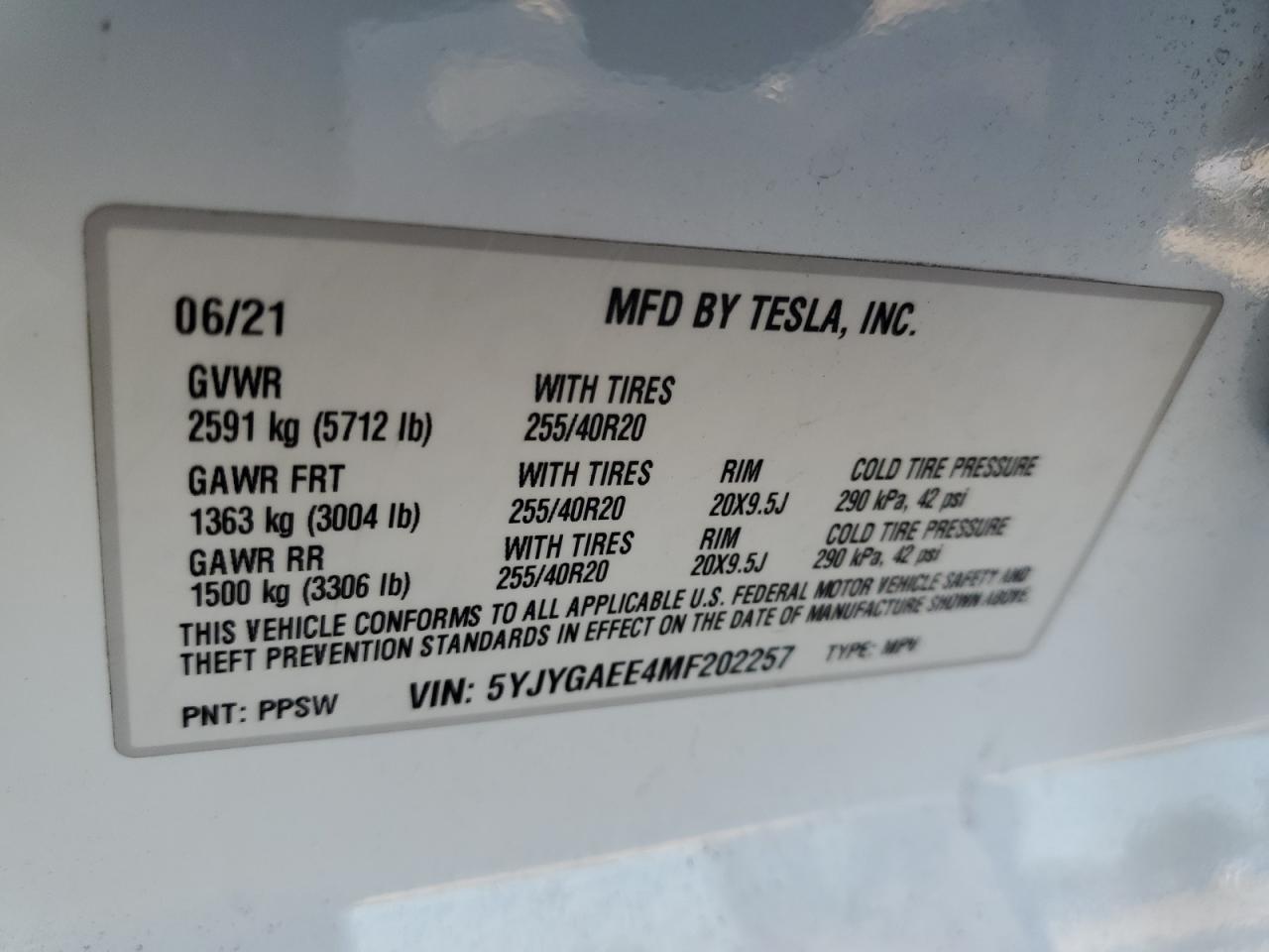 5YJYGAEE4MF202257 2021 Tesla Model Y