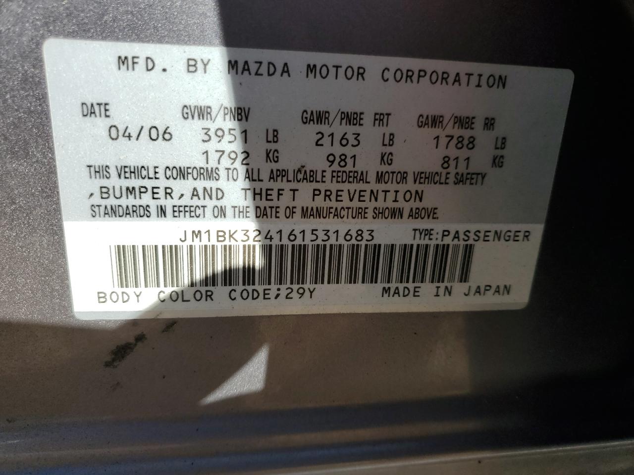 2006 Mazda 3 S VIN: JM1BK324161531683 Lot: 77856154