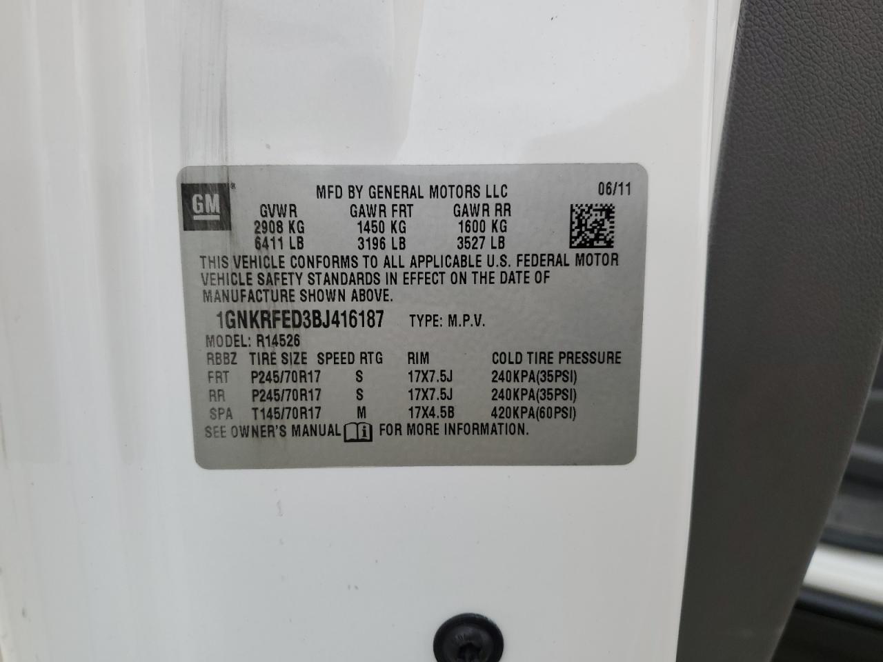 2011 Chevrolet Traverse Ls VIN: 1GNKRFED3BJ416187 Lot: 74259764