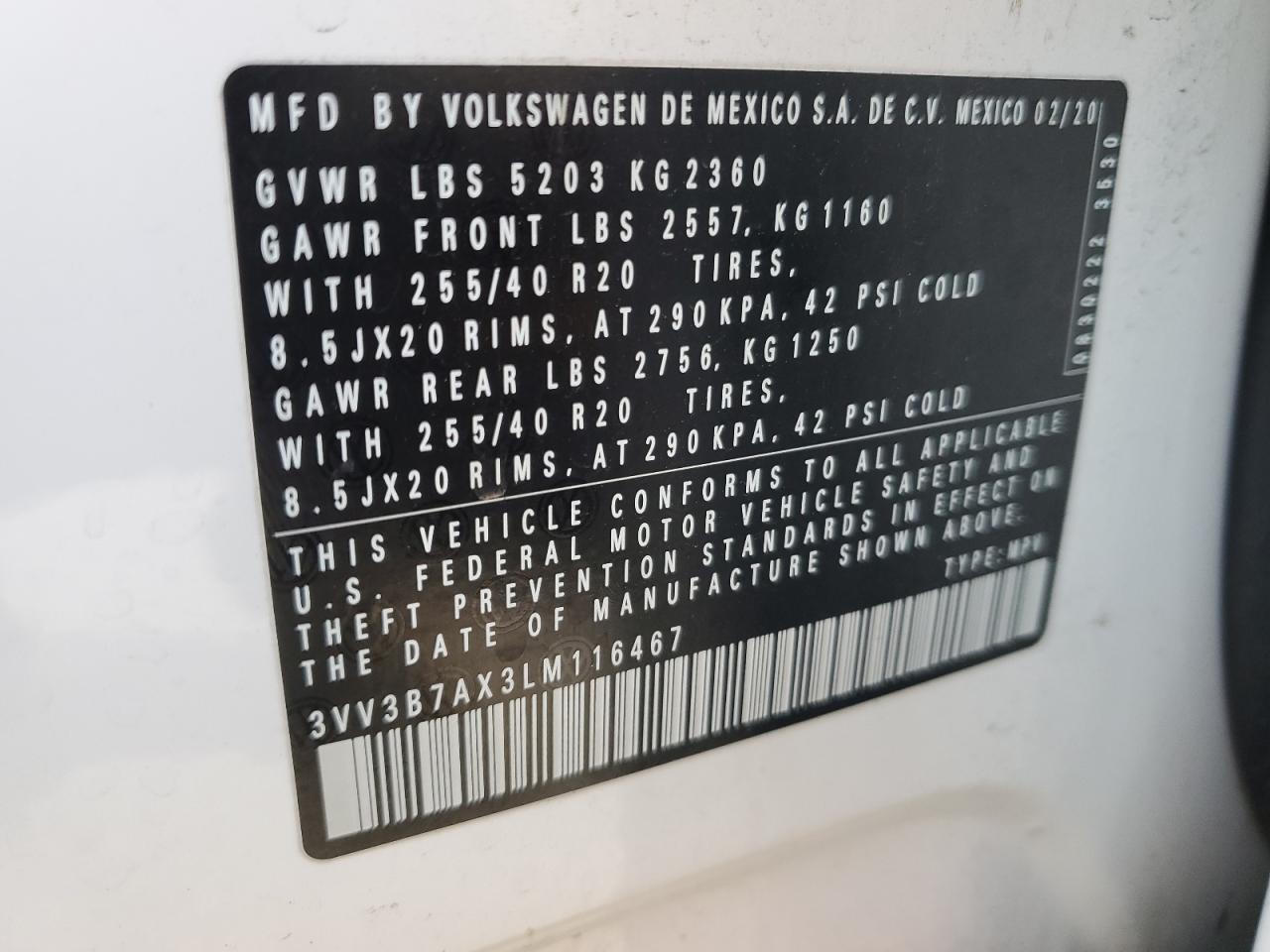 3VV3B7AX3LM116467 2020 Volkswagen Tiguan Se