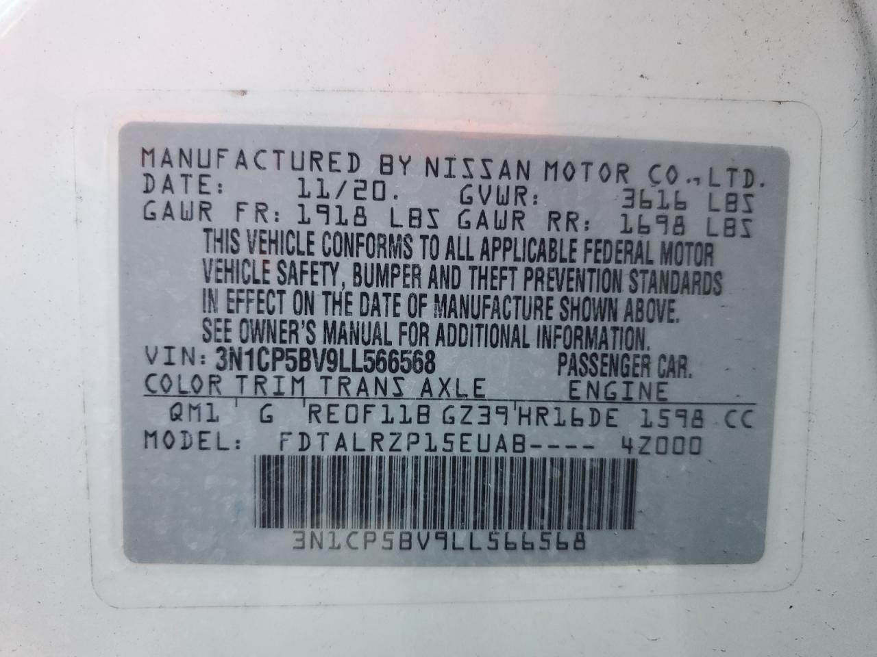 2020 Nissan Kicks S VIN: 3N1CP5BV9LL566568 Lot: 75355344