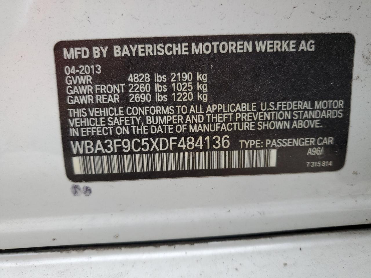 2013 BMW Activehybrid 3 VIN: WBA3F9C5XDF484136 Lot: 76331754