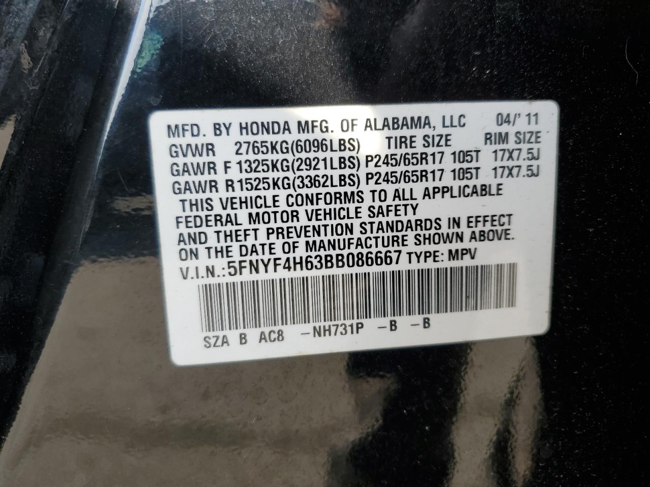 5FNYF4H63BB086667 2011 Honda Pilot Exl