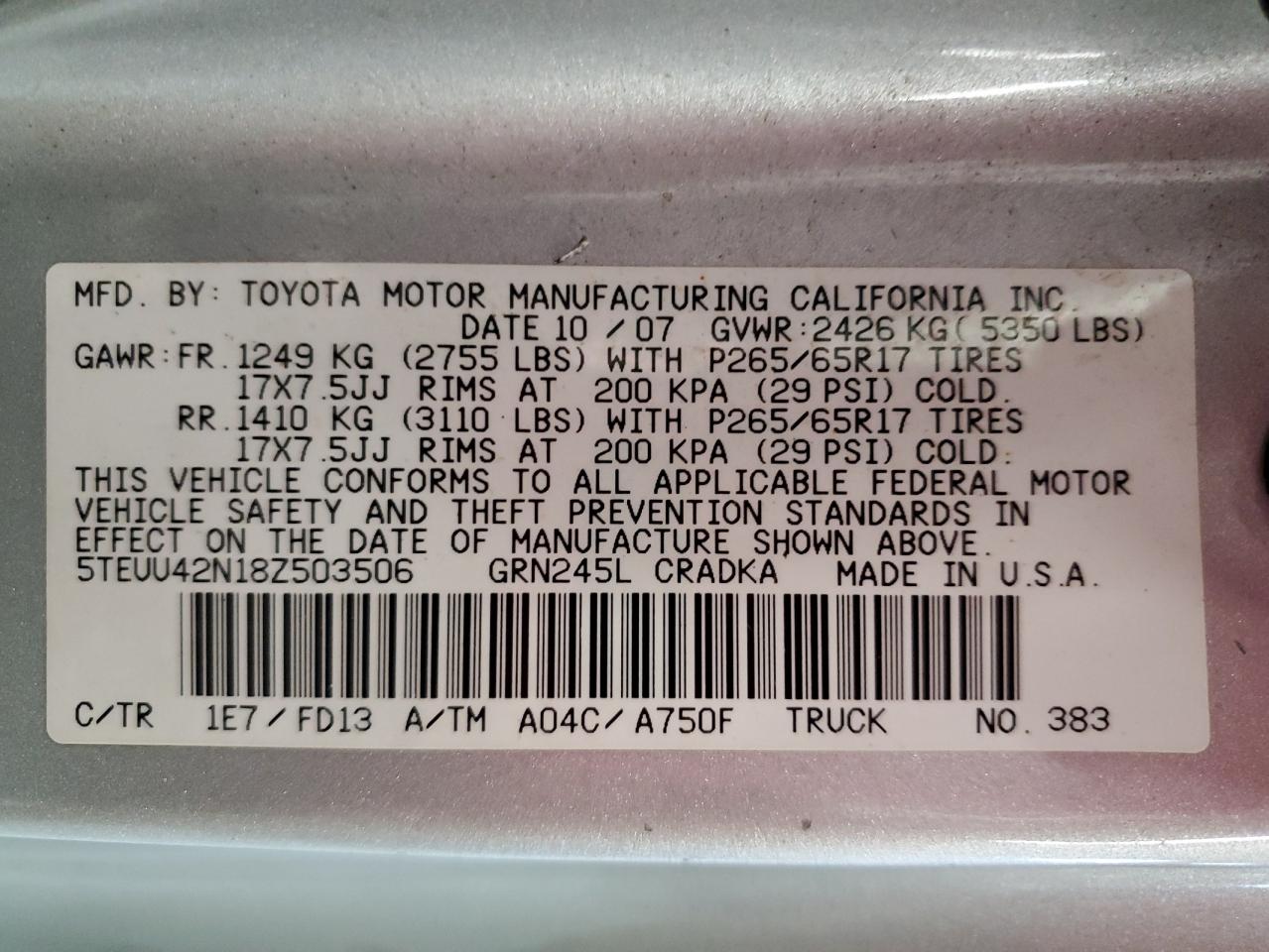 5TEUU42N18Z503506 2008 Toyota Tacoma Access Cab