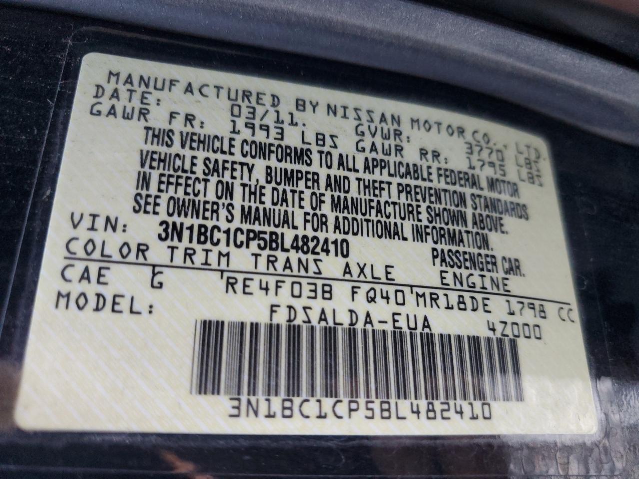 2011 Nissan Versa S VIN: 3N1BC1CP5BL482410 Lot: 78523814