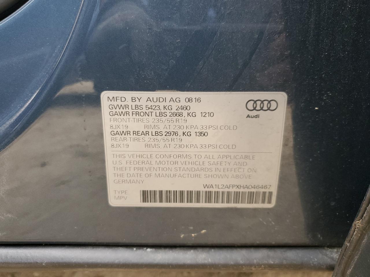 2017 Audi Q5 Premium Plus VIN: WA1L2AFPXHA046467 Lot: 78160454