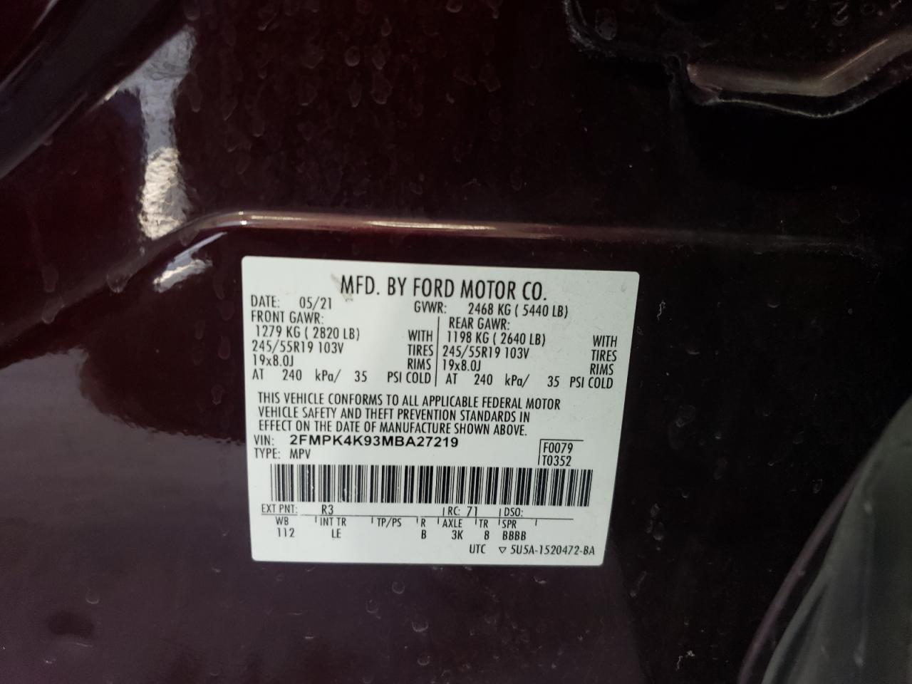 2021 Ford Edge Titanium VIN: 2FMPK4K93MBA27219 Lot: 74488734